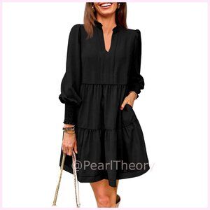 Long Sleeve Tunic Dress V-Neck Loose Ruffle Tiered 100% Polyester